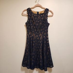Elegant Navy And Tan Lace Dress Small